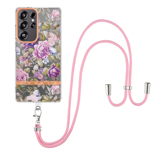 For Samsung Galaxy S25 Ultra 5G Flowers and Plants Series IMD TPU Phone Case with Lanyard(Purple Peony) by buy2fix