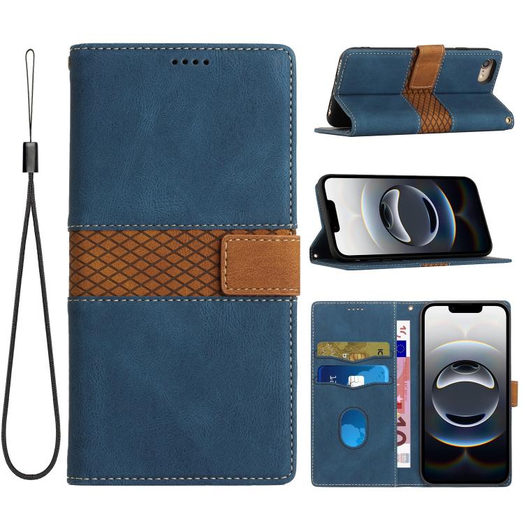 For iPhone 16e Grid Stitching Leather Phone Case with Lanyard(Blue) - iPhone 16e Cases by buy2fix | Online Shopping UK | buy2fix