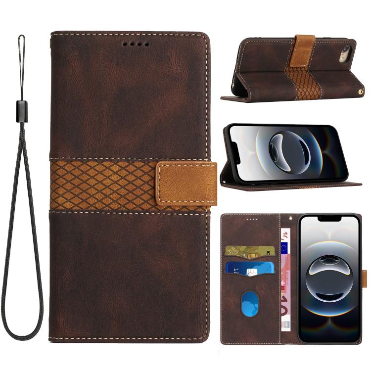 For iPhone 16e Grid Stitching Leather Phone Case with Lanyard(Brown) - iPhone 16e Cases by buy2fix | Online Shopping UK | buy2fix