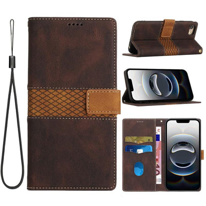 For iPhone 16e Grid Stitching Leather Phone Case with Lanyard(Brown) - iPhone 16e Cases by buy2fix | Online Shopping UK | buy2fix
