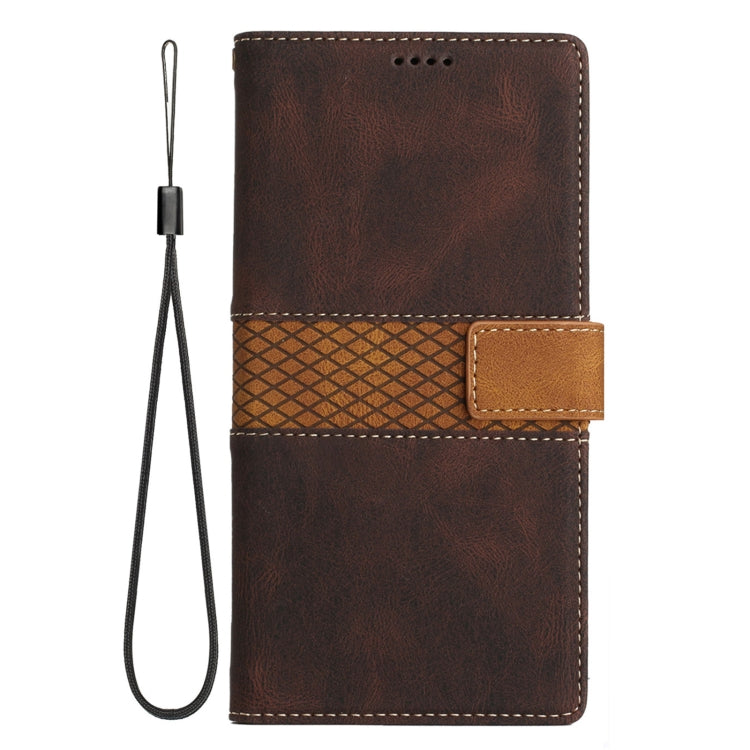 For iPhone 16e Grid Stitching Leather Phone Case with Lanyard(Brown) - iPhone 16e Cases by buy2fix | Online Shopping UK | buy2fix