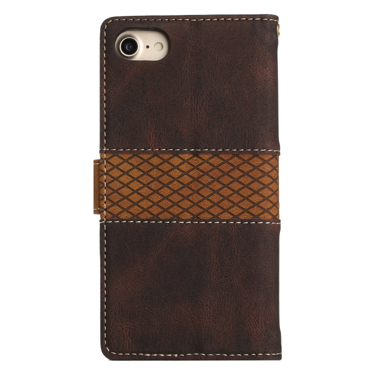 For iPhone 16e Grid Stitching Leather Phone Case with Lanyard(Brown) - iPhone 16e Cases by buy2fix | Online Shopping UK | buy2fix