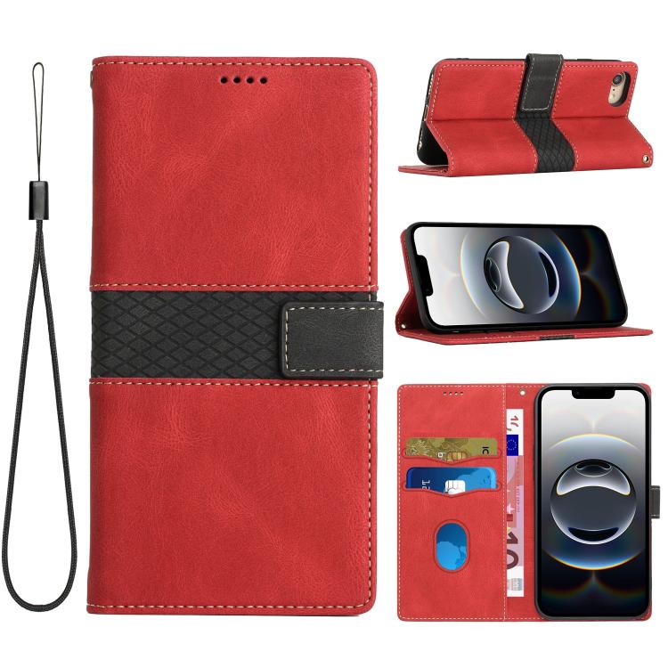 For iPhone 16e Grid Stitching Leather Phone Case with Lanyard(Red) - iPhone 16e Cases by buy2fix | Online Shopping UK | buy2fix