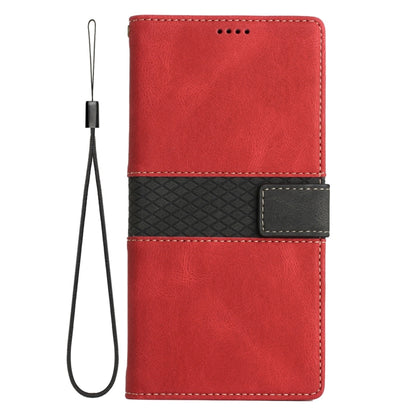For iPhone 16e Grid Stitching Leather Phone Case with Lanyard(Red) - iPhone 16e Cases by buy2fix | Online Shopping UK | buy2fix