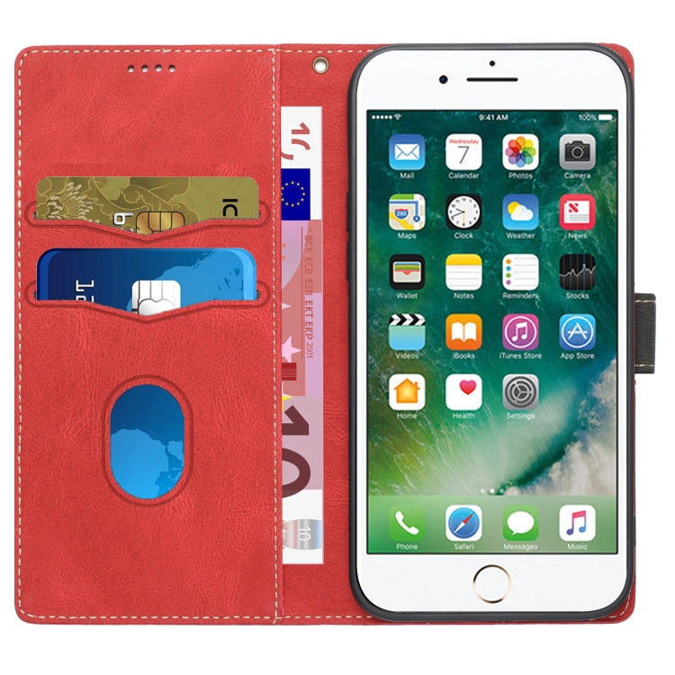 For iPhone 16e Grid Stitching Leather Phone Case with Lanyard(Red) - iPhone 16e Cases by buy2fix | Online Shopping UK | buy2fix
