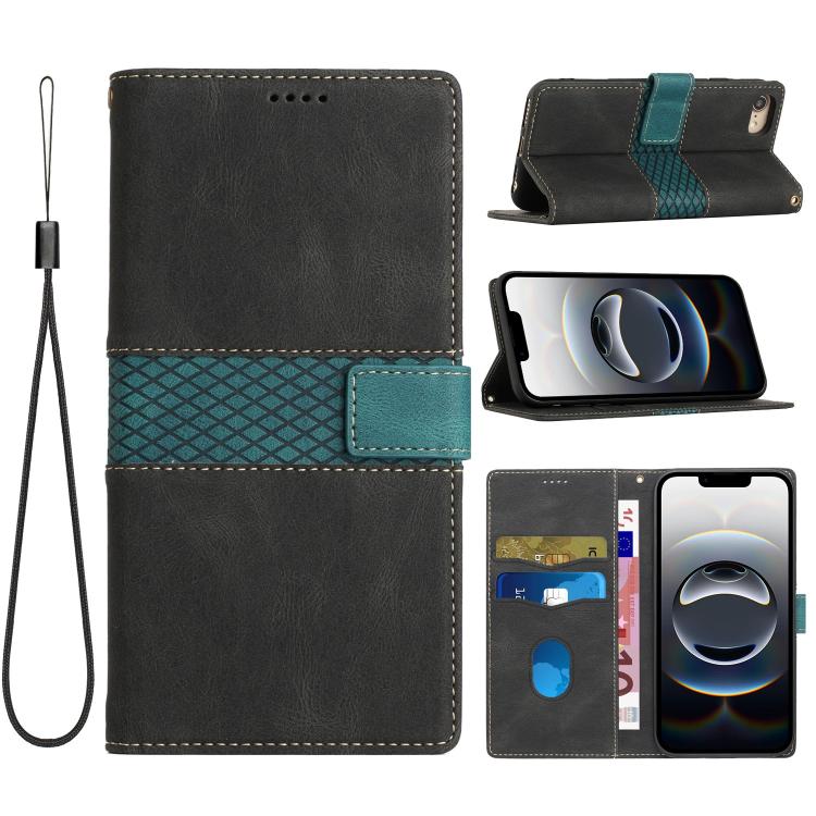 For iPhone 16e Grid Stitching Leather Phone Case with Lanyard(Black) - iPhone 16e Cases by buy2fix | Online Shopping UK | buy2fix