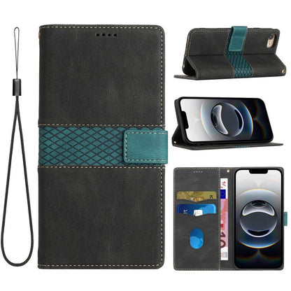 For iPhone 16e Grid Stitching Leather Phone Case with Lanyard(Black) - iPhone 16e Cases by buy2fix | Online Shopping UK | buy2fix