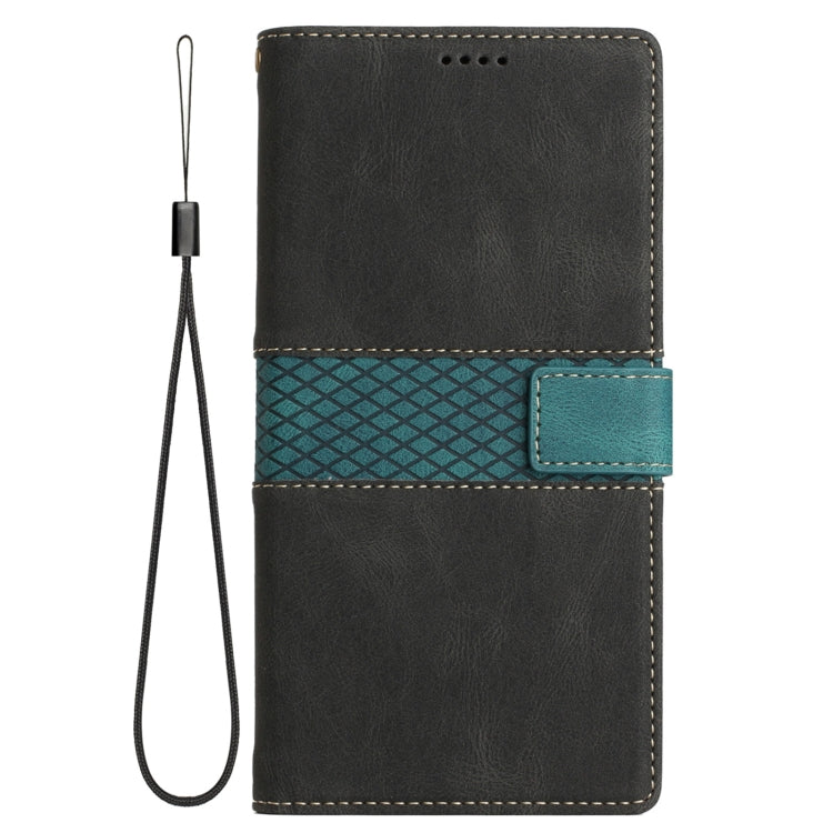 For iPhone 16e Grid Stitching Leather Phone Case with Lanyard(Black) - iPhone 16e Cases by buy2fix | Online Shopping UK | buy2fix