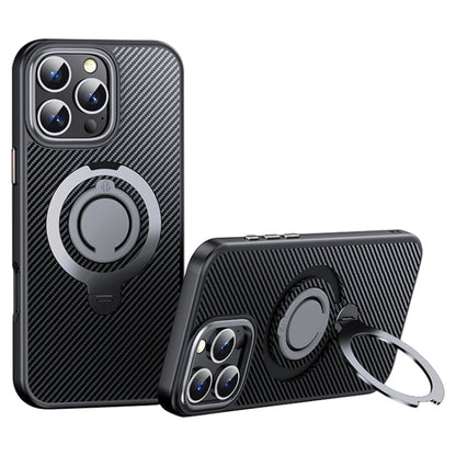 For iPhone 16 Pro Max Carbon Fiber MagSafe Phone Case with 360 Degree Rotating Holder(Black Grey) - iPhone 16 Pro Max Cases by buy2fix | Online Shopping UK | buy2fix