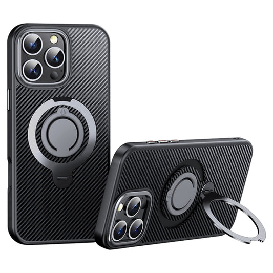 For iPhone 16 Pro Max Carbon Fiber MagSafe Phone Case with 360 Degree Rotating Holder(Black Grey) - iPhone 16 Pro Max Cases by buy2fix | Online Shopping UK | buy2fix