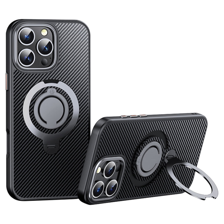 For iPhone 16 Pro Carbon Fiber MagSafe Phone Case with 360 Degree Rotating Holder(Black Grey) - iPhone 16 Pro Cases by buy2fix | Online Shopping UK | buy2fix