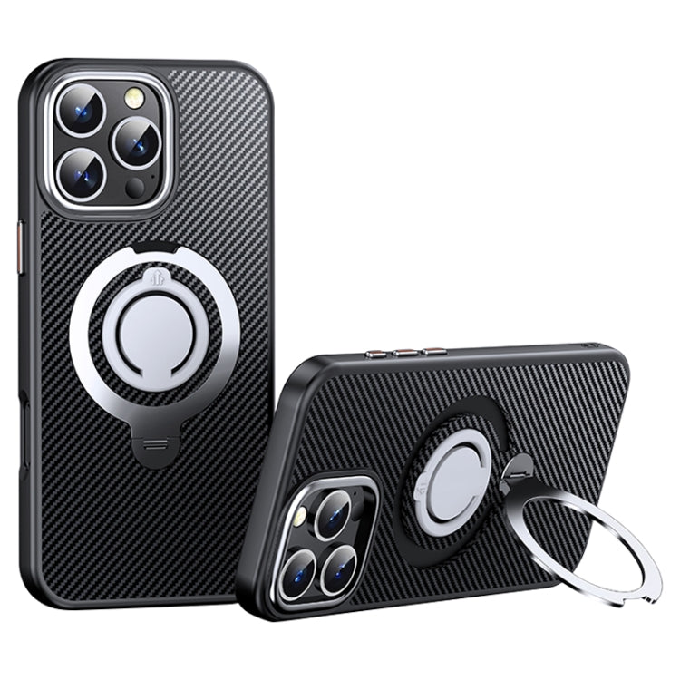 For iPhone 16 Pro Carbon Fiber MagSafe Phone Case with 360 Degree Rotating Holder(Black Silver) - iPhone 16 Pro Cases by buy2fix | Online Shopping UK | buy2fix