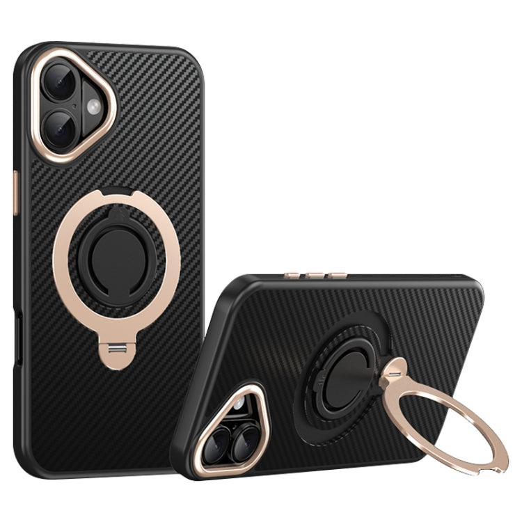For iPhone 16 Carbon Fiber MagSafe Phone Case with 360 Degree Rotating Holder(Black Gold) - iPhone 16 Cases by buy2fix | Online Shopping UK | buy2fix