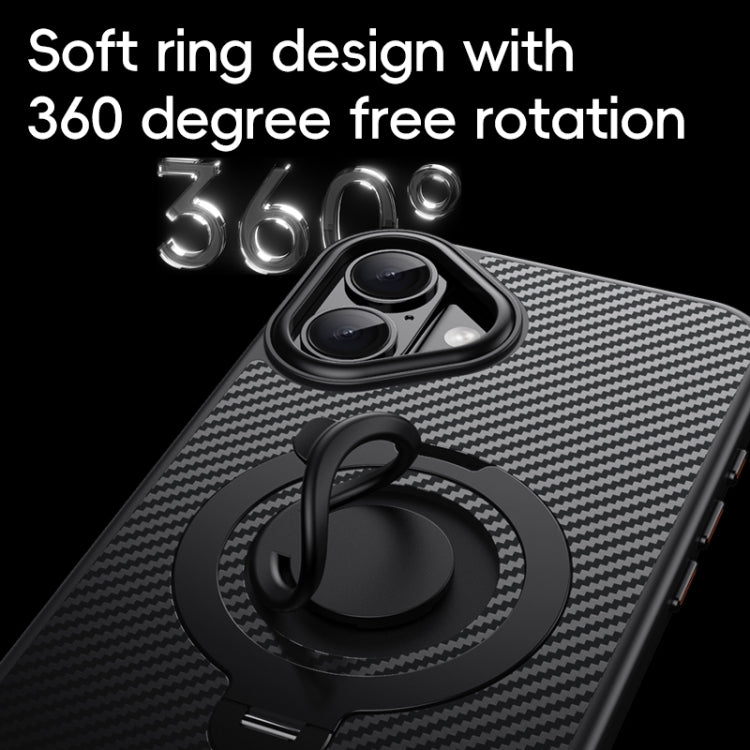 For iPhone 16 Carbon Fiber MagSafe Phone Case with 360 Degree Rotating Holder(Black Gold) - iPhone 16 Cases by buy2fix | Online Shopping UK | buy2fix