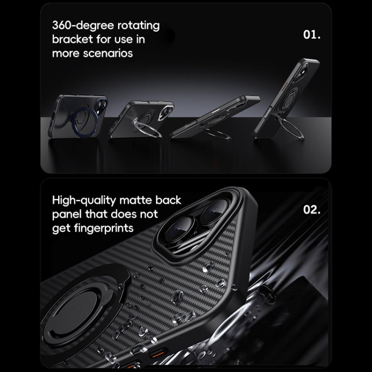 For iPhone 16 Carbon Fiber MagSafe Phone Case with 360 Degree Rotating Holder(Black Gold) - iPhone 16 Cases by buy2fix | Online Shopping UK | buy2fix