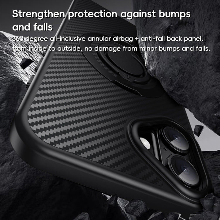 For iPhone 16 Carbon Fiber MagSafe Phone Case with 360 Degree Rotating Holder(Black Gold) - iPhone 16 Cases by buy2fix | Online Shopping UK | buy2fix