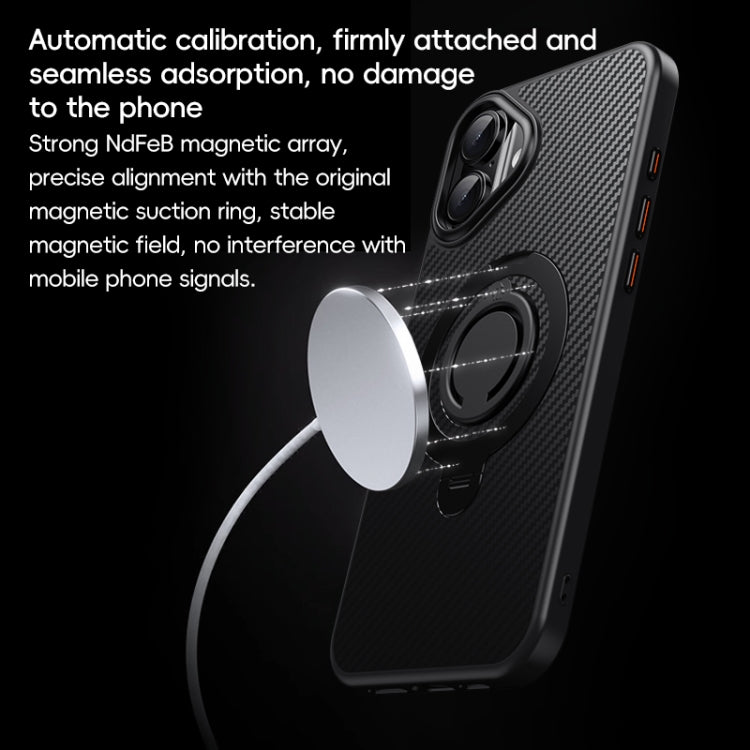 For iPhone 16 Carbon Fiber MagSafe Phone Case with 360 Degree Rotating Holder(Black Gold) - iPhone 16 Cases by buy2fix | Online Shopping UK | buy2fix