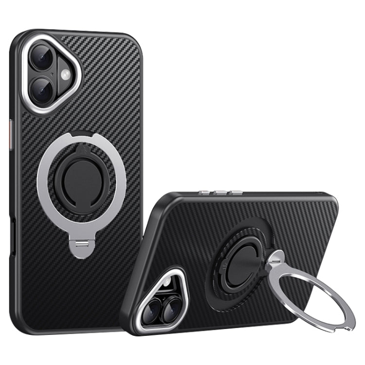 For iPhone 16 Carbon Fiber MagSafe Phone Case with 360 Degree Rotating Holder(Black Silver) - iPhone 16 Cases by buy2fix | Online Shopping UK | buy2fix