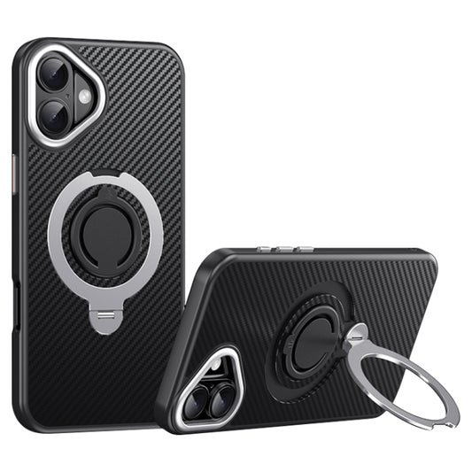 For iPhone 16 Carbon Fiber MagSafe Phone Case with 360 Degree Rotating Holder(Black Silver) - iPhone 16 Cases by buy2fix | Online Shopping UK | buy2fix
