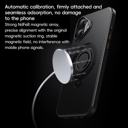 For iPhone 16 Carbon Fiber MagSafe Phone Case with 360 Degree Rotating Holder(Black Silver) - iPhone 16 Cases by buy2fix | Online Shopping UK | buy2fix