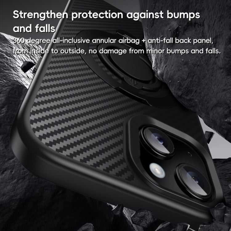 For iPhone 15 Carbon Fiber MagSafe Phone Case with 360 Degree Rotating Holder(Black) - iPhone 15 Cases by buy2fix | Online Shopping UK | buy2fix