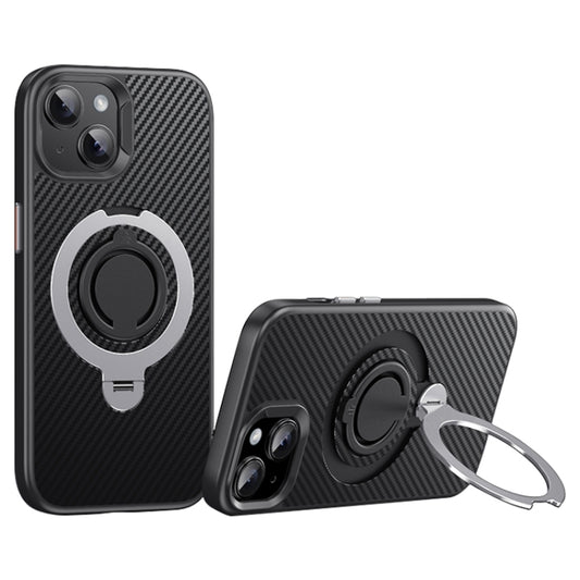 For iPhone 15 Carbon Fiber MagSafe Phone Case with 360 Degree Rotating Holder(Black Silver) - iPhone 15 Cases by buy2fix | Online Shopping UK | buy2fix