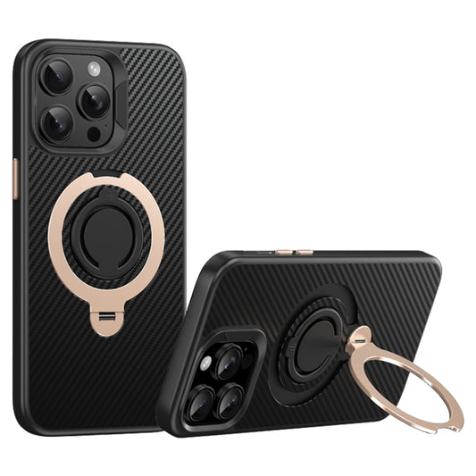 For iPhone 14 Pro Max Carbon Fiber MagSafe Phone Case with 360 Degree Rotating Holder(Black Gold) - iPhone 14 Pro Max Cases by buy2fix | Online Shopping UK | buy2fix