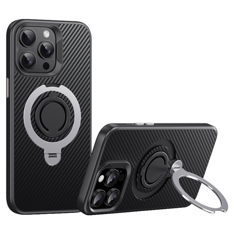 For iPhone 14 Pro Max Carbon Fiber MagSafe Phone Case with 360 Degree Rotating Holder(Black Silver) - iPhone 14 Pro Max Cases by buy2fix | Online Shopping UK | buy2fix