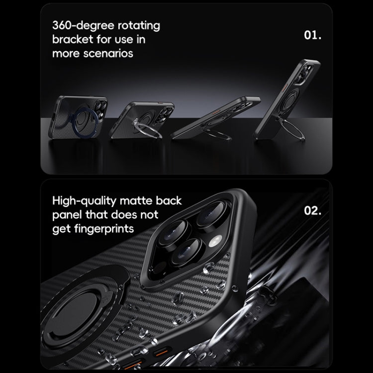 For iPhone 14 Pro Max Carbon Fiber MagSafe Phone Case with 360 Degree Rotating Holder(Black Silver) - iPhone 14 Pro Max Cases by buy2fix | Online Shopping UK | buy2fix