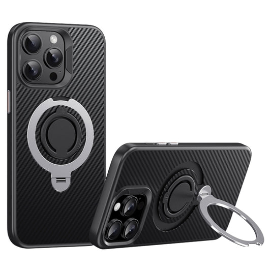 For iPhone 12 Pro Max Carbon Fiber MagSafe Phone Case with 360 Degree Rotating Holder(Black Silver) - iPhone 12 Pro Max Cases by buy2fix | Online Shopping UK | buy2fix
