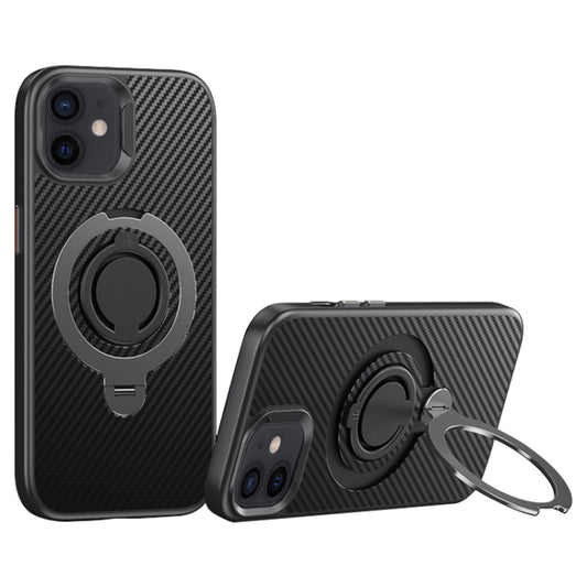 For iPhone 12 / 12 Pro Carbon Fiber MagSafe Phone Case with 360 Degree Rotating Holder(Black Grey) - iPhone 12 / 12 Pro Cases by buy2fix | Online Shopping UK | buy2fix