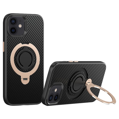 For iPhone 12 / 12 Pro Carbon Fiber MagSafe Phone Case with 360 Degree Rotating Holder(Black Gold) - iPhone 12 / 12 Pro Cases by buy2fix | Online Shopping UK | buy2fix