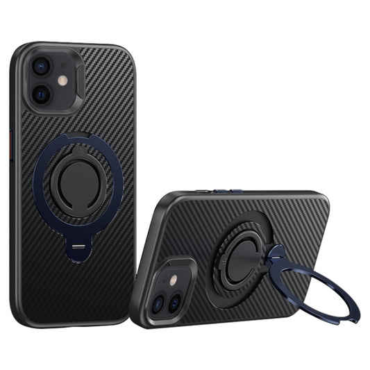 For iPhone 12 / 12 Pro Carbon Fiber MagSafe Phone Case with 360 Degree Rotating Holder(Black Blue) - iPhone 12 / 12 Pro Cases by buy2fix | Online Shopping UK | buy2fix