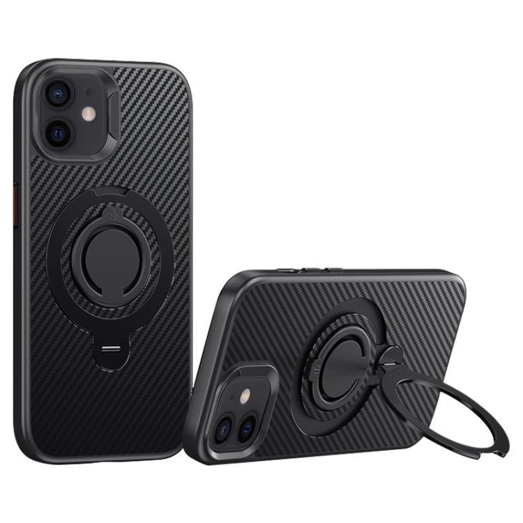 For iPhone 12 / 12 Pro Carbon Fiber MagSafe Phone Case with 360 Degree Rotating Holder(Black) - iPhone 12 / 12 Pro Cases by buy2fix | Online Shopping UK | buy2fix