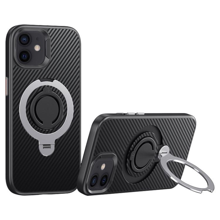 For iPhone 12 / 12 Pro Carbon Fiber MagSafe Phone Case with 360 Degree Rotating Holder(Black Silver) - iPhone 12 / 12 Pro Cases by buy2fix | Online Shopping UK | buy2fix