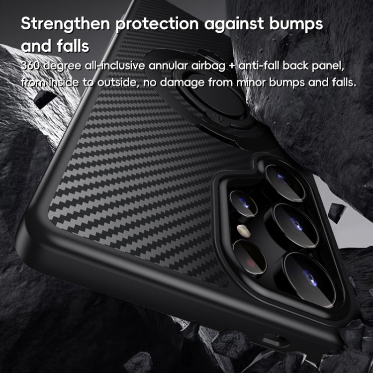For Samsung Galaxy S25 Ultra 5G Carbon Fiber MagSafe Phone Case with 360 Degree Rotating Holder(Black Grey) by buy2fix