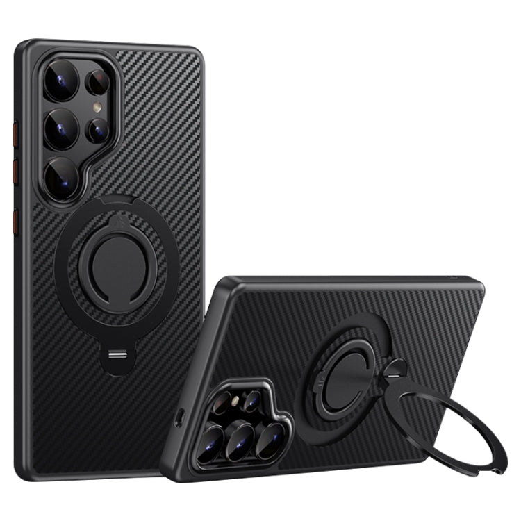 For Samsung Galaxy S25 Ultra 5G Carbon Fiber MagSafe Phone Case with 360 Degree Rotating Holder(Black) by buy2fix