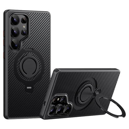 For Samsung Galaxy S25 Ultra 5G Carbon Fiber MagSafe Phone Case with 360 Degree Rotating Holder(Black) by buy2fix