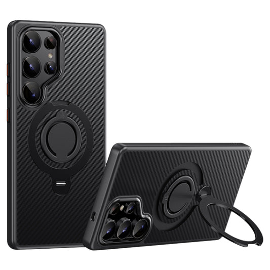 For Samsung Galaxy S25 Ultra 5G Carbon Fiber MagSafe Phone Case with 360 Degree Rotating Holder(Black) by buy2fix