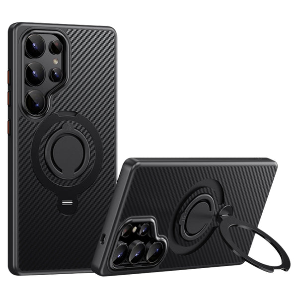 For Samsung Galaxy S25 Ultra 5G Carbon Fiber MagSafe Phone Case with 360 Degree Rotating Holder(Black) by buy2fix