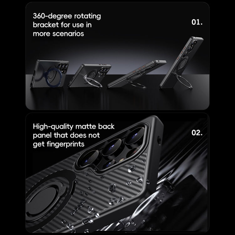 For Samsung Galaxy S25 Ultra 5G Carbon Fiber MagSafe Phone Case with 360 Degree Rotating Holder(Black) by buy2fix