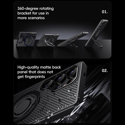 For Samsung Galaxy S25 Ultra 5G Carbon Fiber MagSafe Phone Case with 360 Degree Rotating Holder(Black) by buy2fix