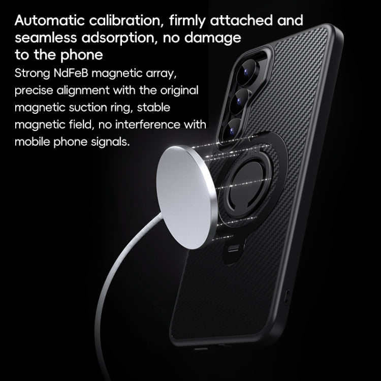 For Samsung Galaxy S25+ 5G Carbon Fiber MagSafe Phone Case with 360 Degree Rotating Holder(Black Grey) by buy2fix