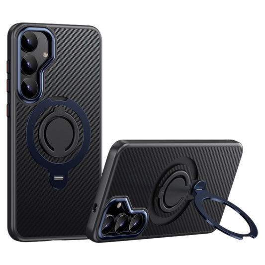 For Samsung Galaxy S25+ 5G Carbon Fiber MagSafe Phone Case with 360 Degree Rotating Holder(Black Blue) by buy2fix