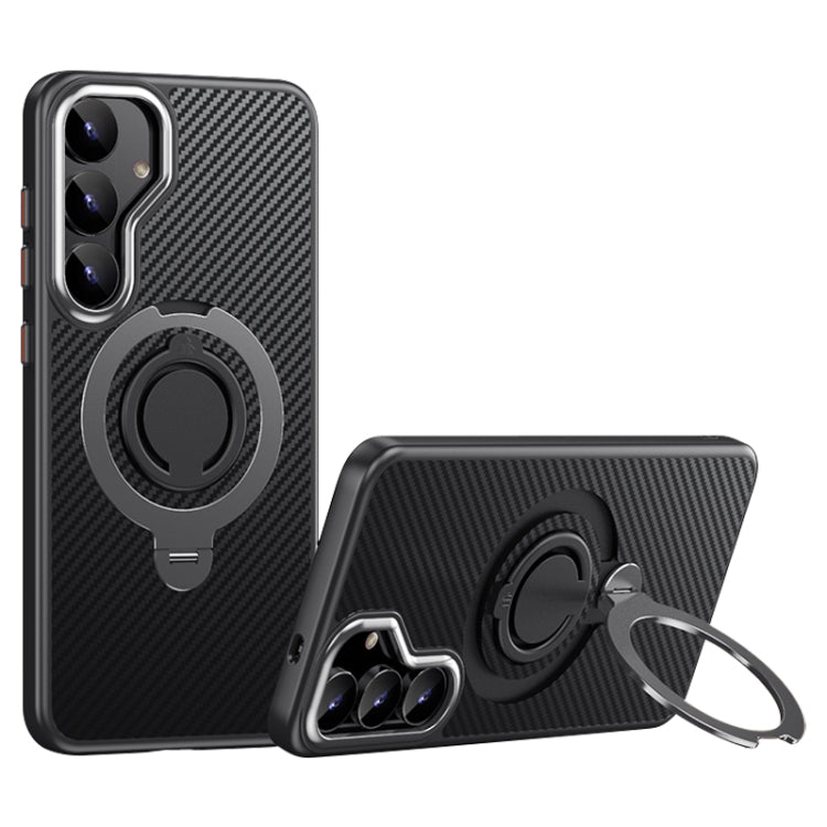 For Samsung Galaxy S25 5G Carbon Fiber MagSafe Phone Case with 360 Degree Rotating Holder(Black Grey) by buy2fix