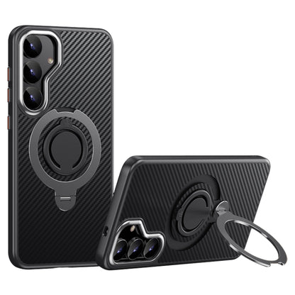 For Samsung Galaxy S25 5G Carbon Fiber MagSafe Phone Case with 360 Degree Rotating Holder(Black Grey) by buy2fix