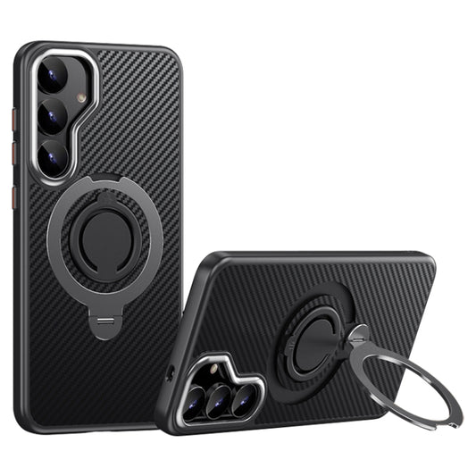 For Samsung Galaxy S25 5G Carbon Fiber MagSafe Phone Case with 360 Degree Rotating Holder(Black Grey) by buy2fix