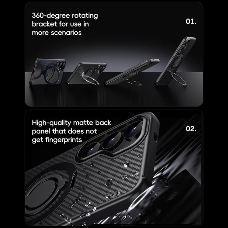 For Samsung Galaxy S25 5G Carbon Fiber MagSafe Phone Case with 360 Degree Rotating Holder(Black Grey) by buy2fix