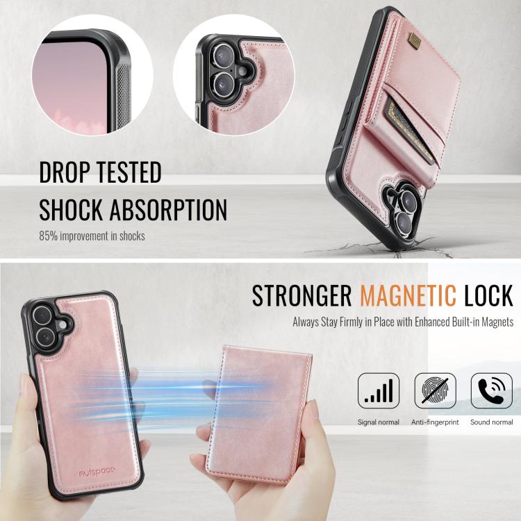 For iPhone 16 Plus AutSpace A12 MagSafe Magnetic RFID Card Bag Phone Case(Rose Gold) - iPhone 16 Plus Cases by AutSpace | Online Shopping UK | buy2fix