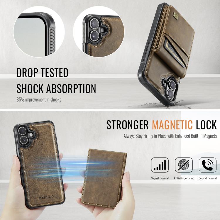 For iPhone 16 Plus AutSpace A12 MagSafe Magnetic RFID Card Bag Phone Case(Coffee) - iPhone 16 Plus Cases by AutSpace | Online Shopping UK | buy2fix